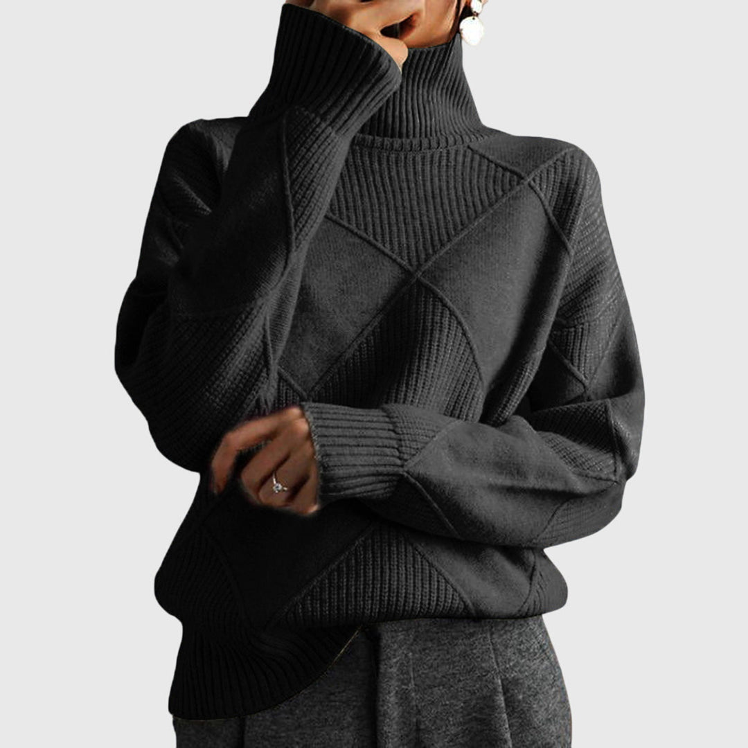 Geometric Knit Roll Neck Jumper in Black — VerolynBoutique