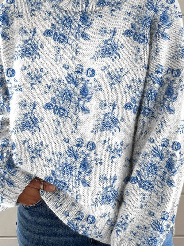 Blue Floral Print Turtleneck in Multicolour — VerolynBoutique