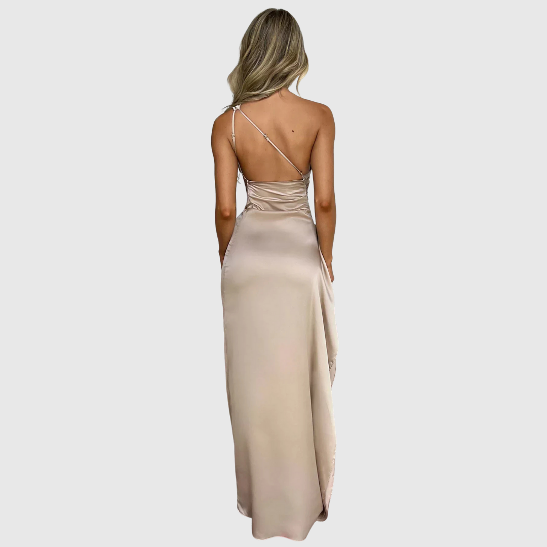 Draped Satin Evening Gown in Champagne — VerolynBoutique