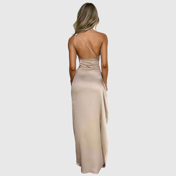 Draped Satin Evening Gown in Champagne — VerolynBoutique