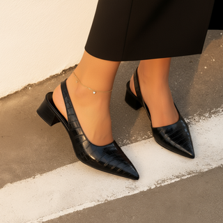 Croc-Effect Slingback Block Heels in Black — VerolynBoutique