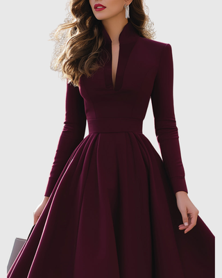 Verolyn - Wine V-Neck Midi Dress