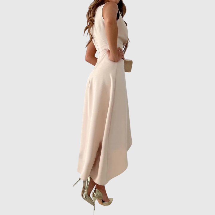Draped Wrap Midi Dress in Beige — VerolynBoutique