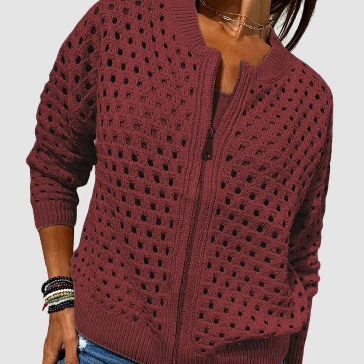 Open Knit Zip Cardigan in Burgundy — VerolynBoutique