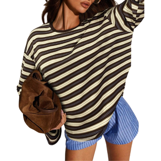 Oversized Striped Long Sleeve Top in Coffee Brown — VerolynBoutique