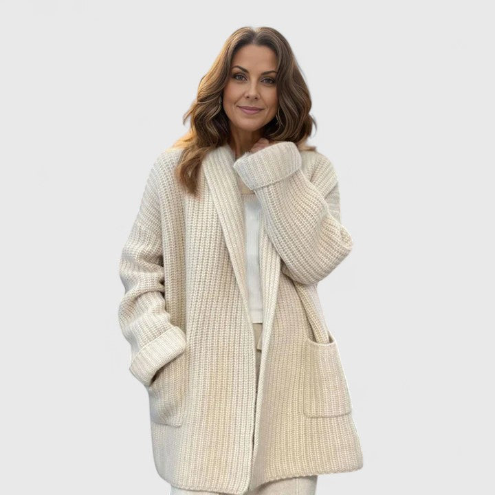 Longline Ribbed Pocket Cardigan in Beige — VerolynBoutique