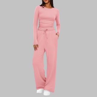 Long Sleeve Wide-Leg Trouser Set in Pink — VerolynBoutique