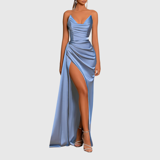 Ruched Satin Maxi Dress in Red — VerolynBoutique