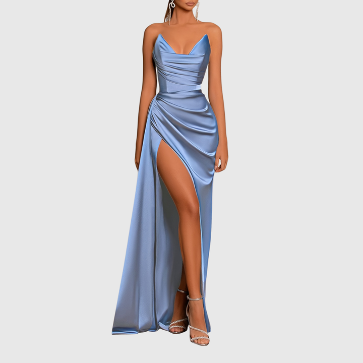 Ruched Satin Maxi Dress in Red — VerolynBoutique