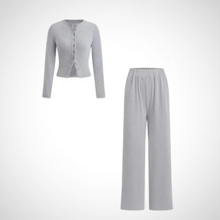 Button Front Top Trouser Set in Light Grey — VerolynBoutique