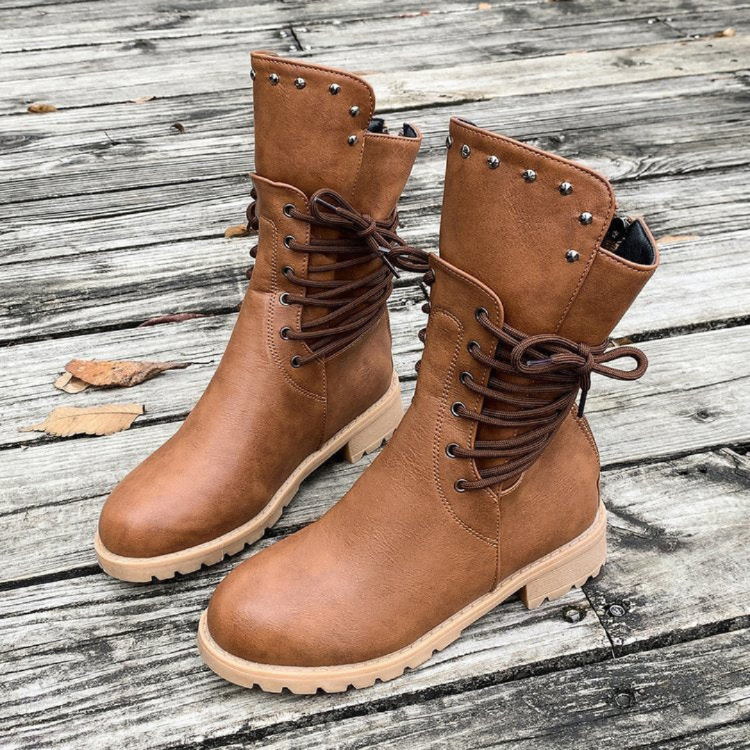 Studded Lace-Up Mid-Calf Boots in Brown — VerolynBoutique