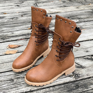 Studded Lace-Up Mid-Calf Boots in Brown — VerolynBoutique