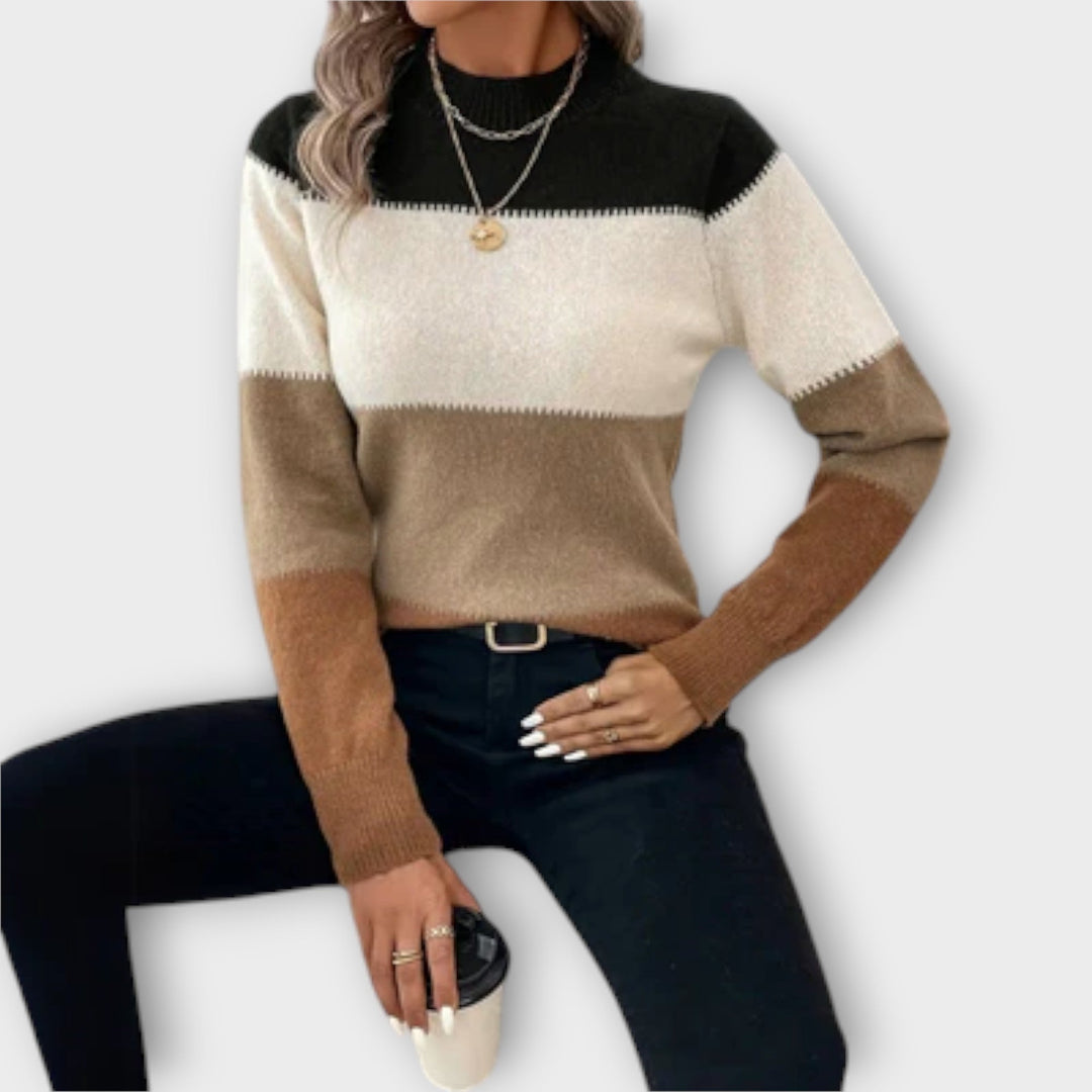 Mock Neck Colour Block Jumper in Beige — VerolynBoutique