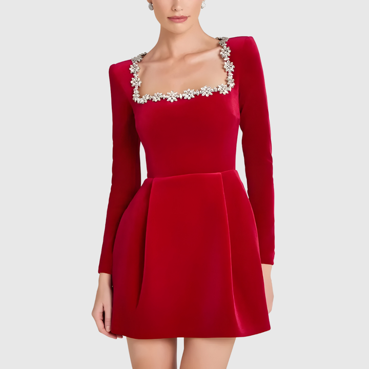 Flower Trim Velvet A-Line Dress in Red — VerolynBoutique