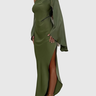 One-Shoulder Satin Evening Dress in Olive — VerolynBoutique