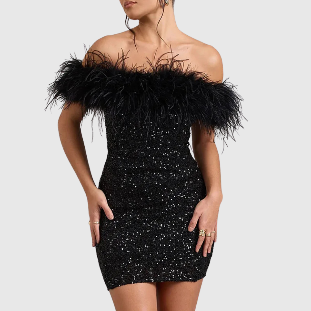 Off-Shoulder Sequin Mini Dress in Black — VerolynBoutique