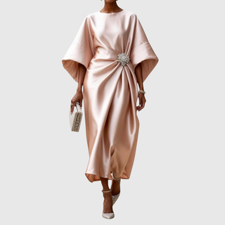 Satin Brooch Midi Dress in Beige — VerolynBoutique