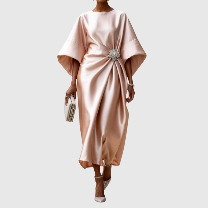 Satin Brooch Midi Dress in Beige — VerolynBoutique