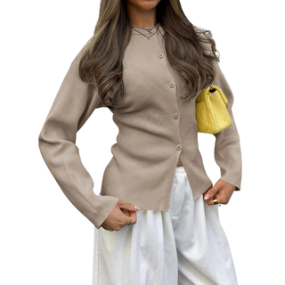 Slim Ribbed Button Cardigan in Khaki — VerolynBoutique