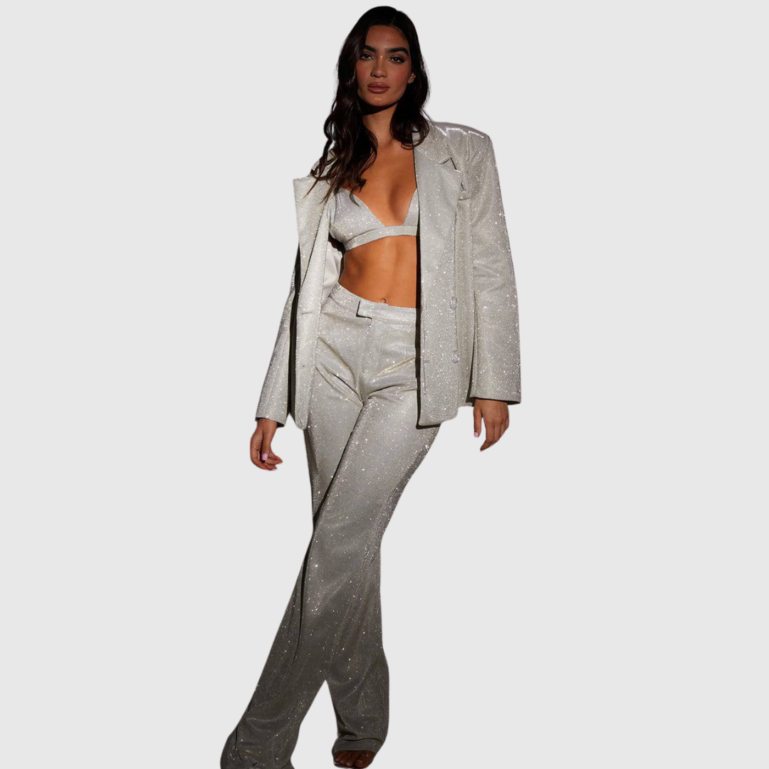 Glitter Three-Piece Trouser Set in Silver — VerolynBoutique