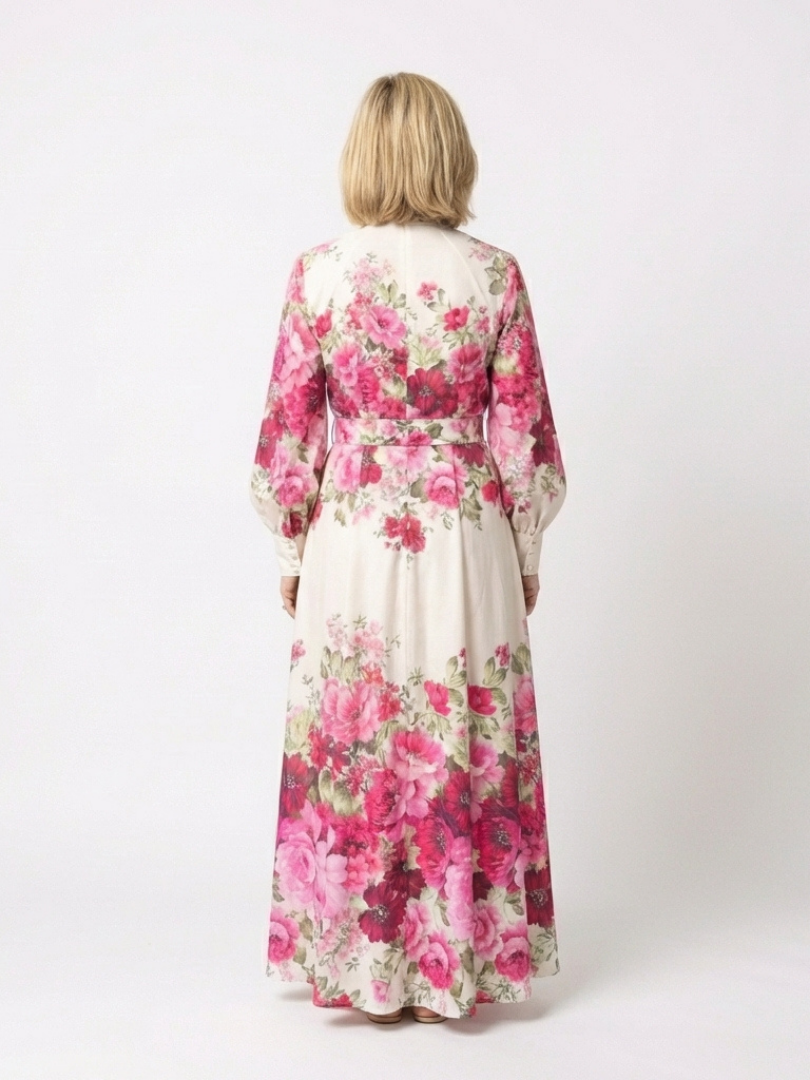 High-Neck Belted Floral Maxi Dress in Pink — VerolynBoutique