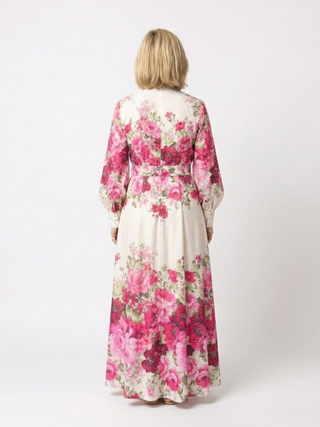 High-Neck Belted Floral Maxi Dress in Pink — VerolynBoutique