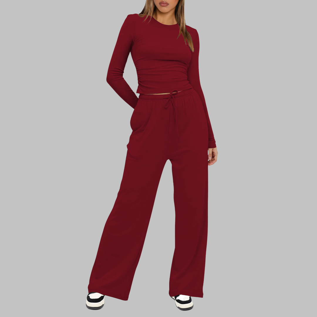 Fitted Long Sleeve Lounge Set in Burgundy — VerolynBoutique