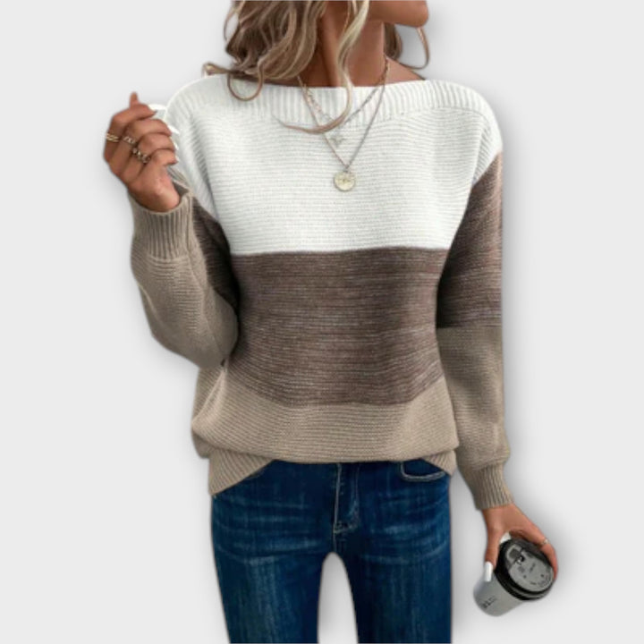 Boat Neck Three-Tone Jumper in Brown — VerolynBoutique