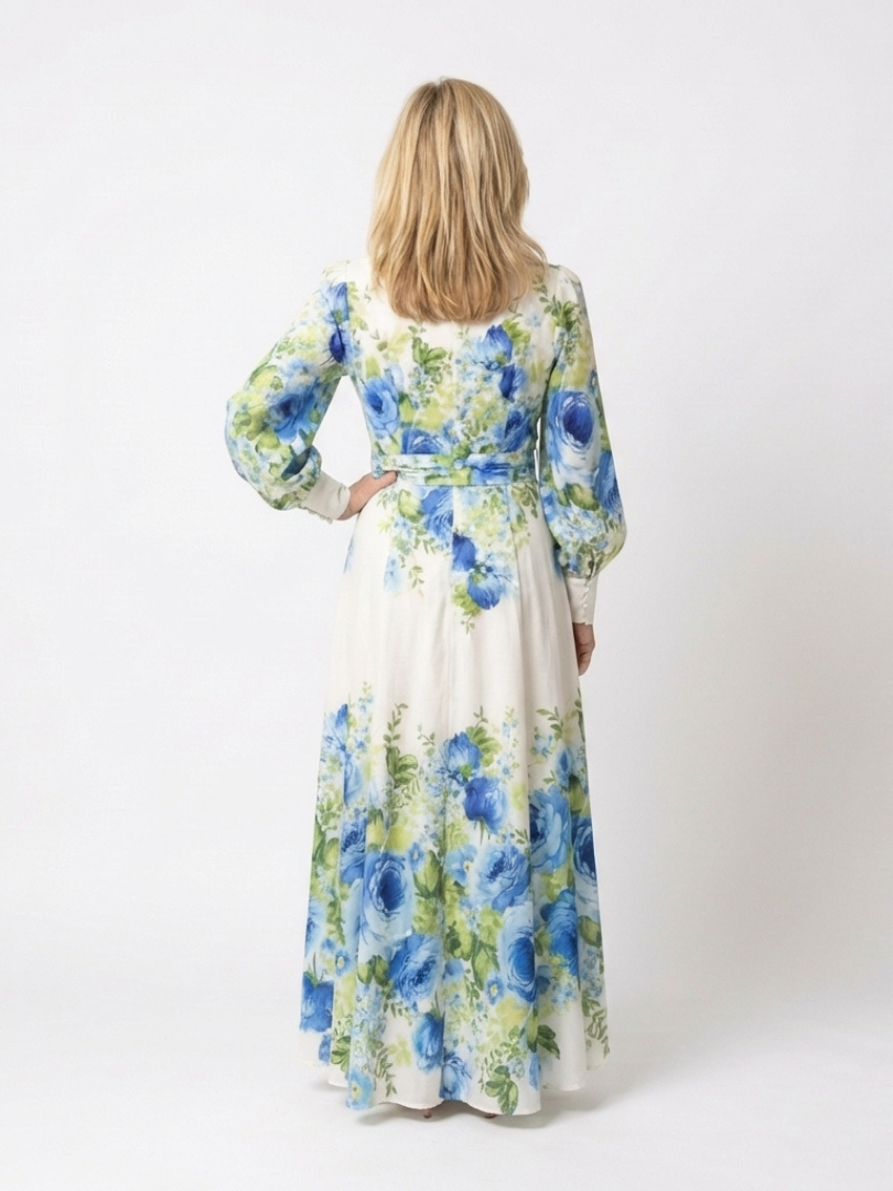 Button-Front Tie-Waist Floral Maxi Dress in Green — VerolynBoutique