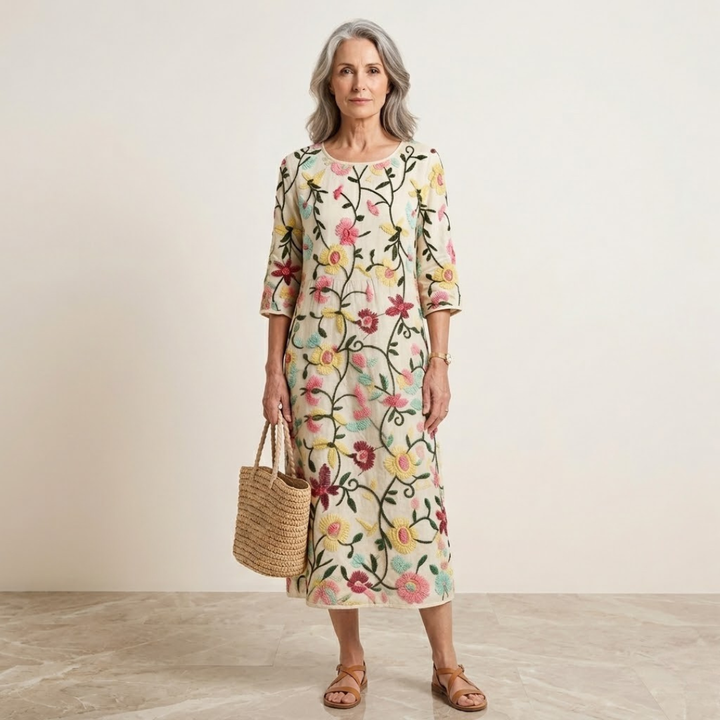 Floral Vine Print Midi Dress in White — VerolynBoutique