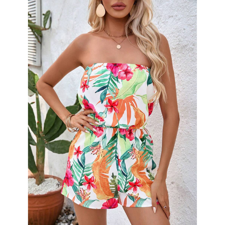Strapless Printed Summer Romper in White Tropical Print — VerolynBoutique