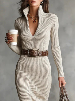 Ribbed Knit V-Neck Dress in Beige — VerolynBoutique