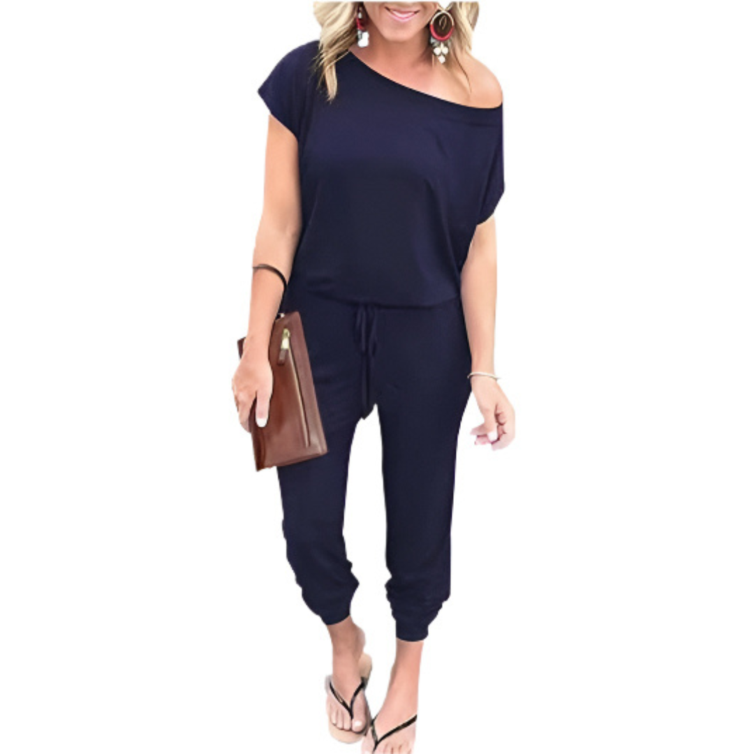 Off-Shoulder Jogger Jumpsuit in Navy — VerolynBoutique