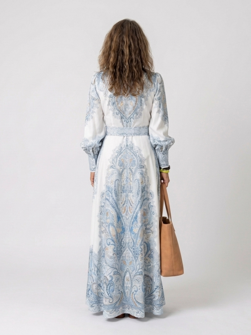 High-Neck Flared Print Maxi Dress in Sky Blue — VerolynBoutique