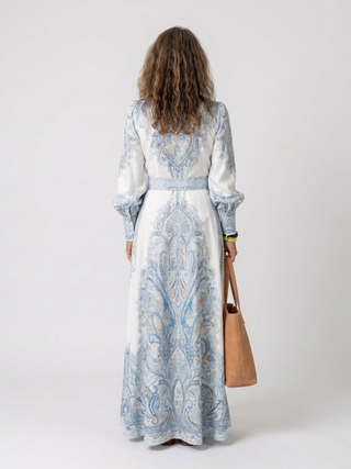 High-Neck Flared Print Maxi Dress in Sky Blue — VerolynBoutique