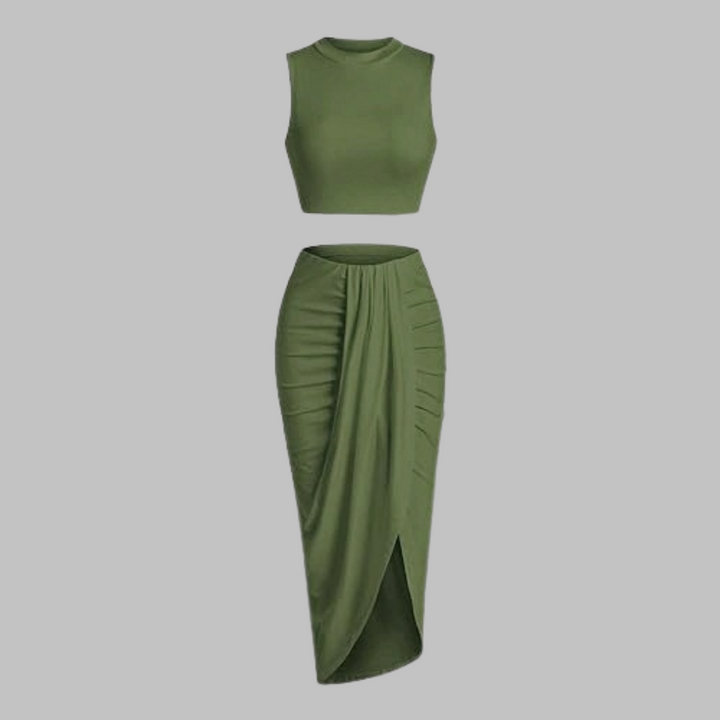 Draped Slit Maxi Skirt Set in Green — VerolynBoutique