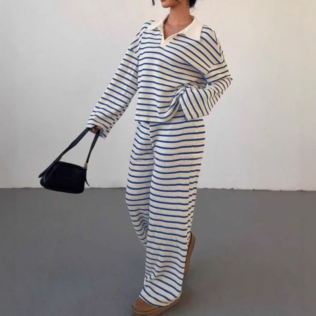 Verolyn - Striped V-Neck Top &amp; Trouser Set