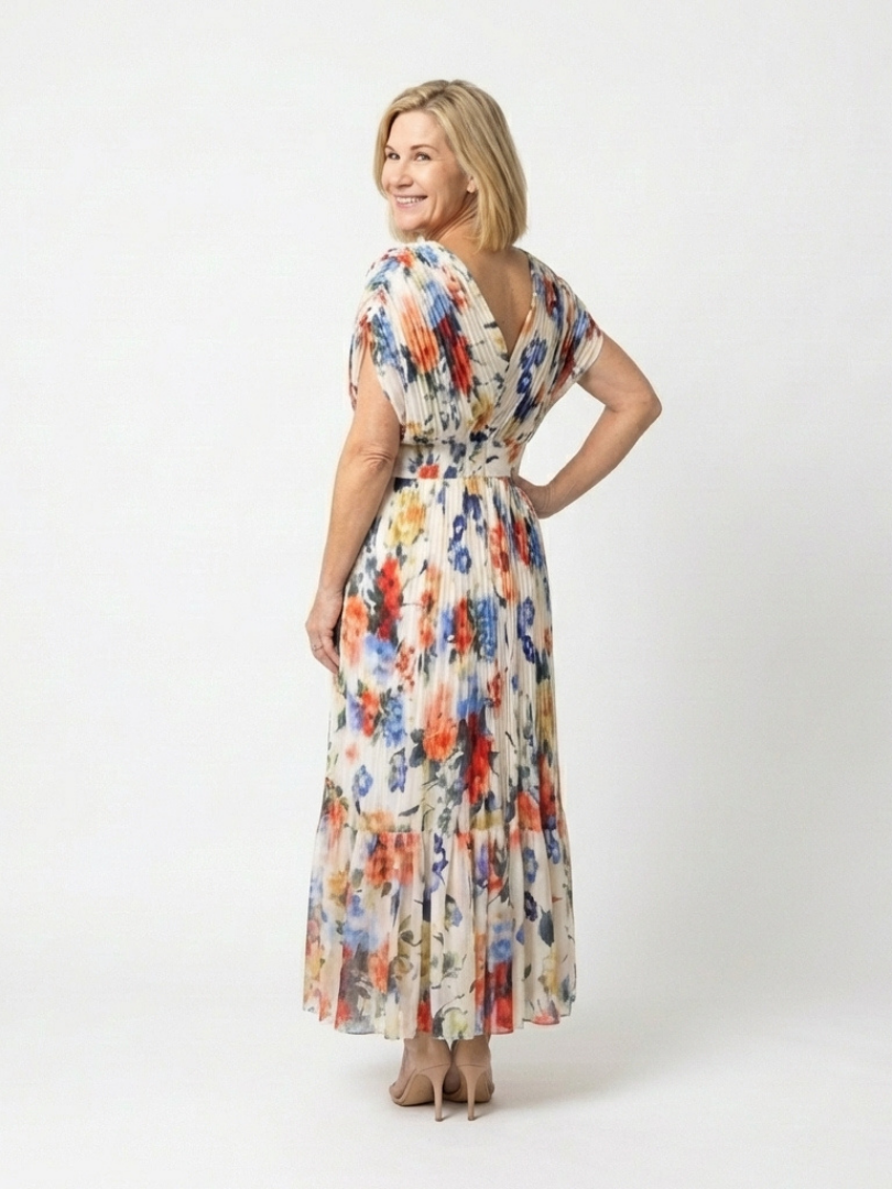 Pleated V-Neck Floral Midi Dress in Multicolour — VerolynBoutique