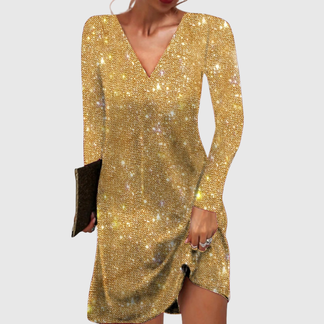 V-Neck Sequin Mini Dress in Gold — VerolynBoutique