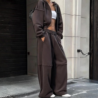 Zip-Up Hoodie Wide-Leg Set in Brown — VerolynBoutique