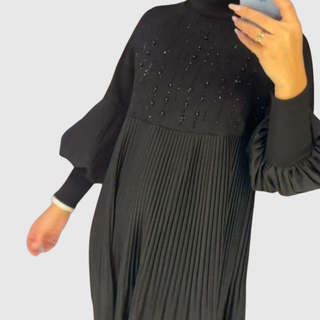 Pleated Puff-Sleeve Gown in Black — VerolynBoutique