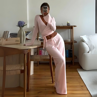 Wrap V-Neck Top Trouser Set in Pink — VerolynBoutique