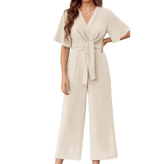 Tie-Waist Wrap Wide-Leg Jumpsuit in Beige — VerolynBoutique