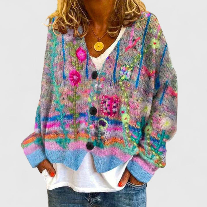 Painted Floral V-Neck Cardigan in Blue — VerolynBoutique