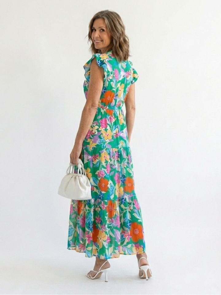 Floral V-Neck Tiered Midi Dress in Green — VerolynBoutique