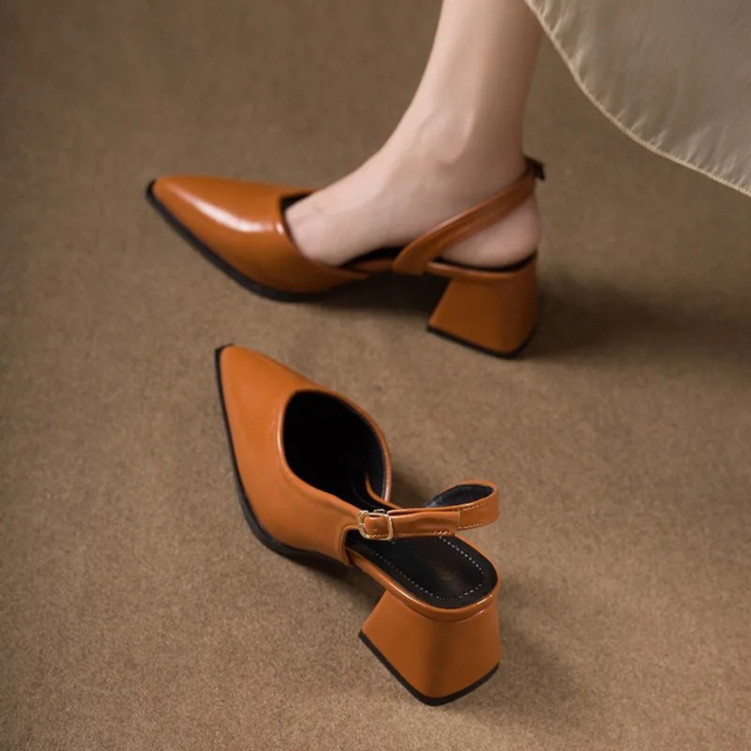 Glossy Pointed Slingback Block Heels in Brown — VerolynBoutique