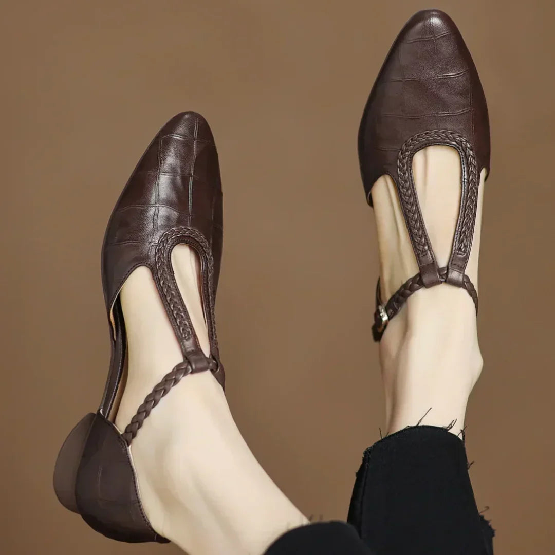Croc-Embossed Braided T-Strap Shoes in Brown — VerolynBoutique