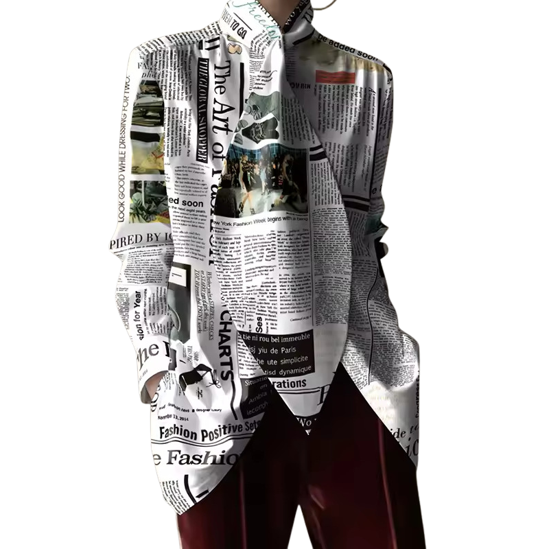 High Neck Scarf Tie Blouse in Black &amp; White Newsprint — VerolynBoutique