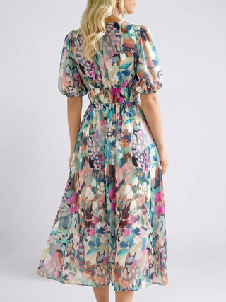 Gathered Waist Floral Midi Dress in Multicolour — VerolynBoutique