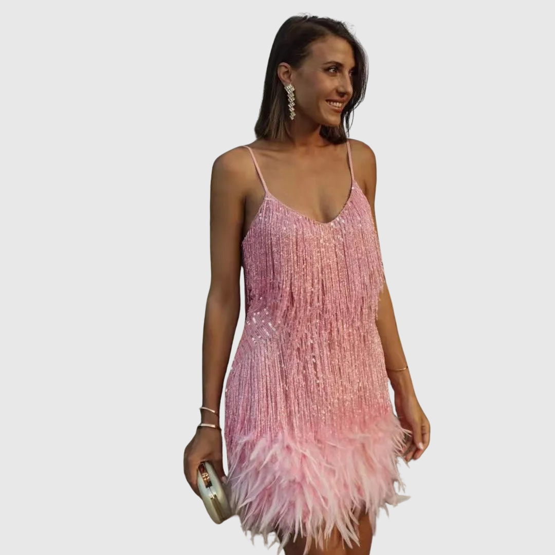 Feather Fringe Cocktail Dress in Light Pink — VerolynBoutique